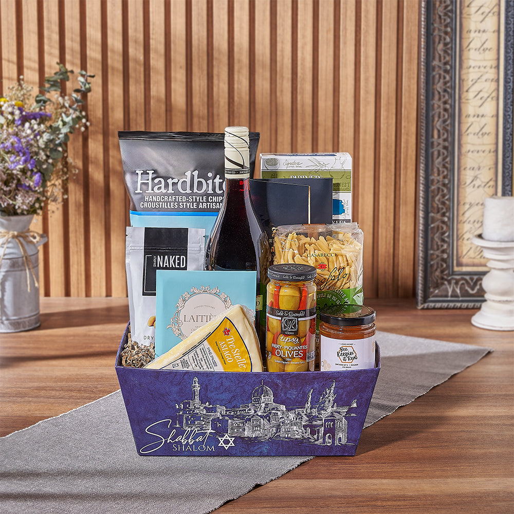 Kosher Wine and Hanukkah Snack Basket – how the gift is presented