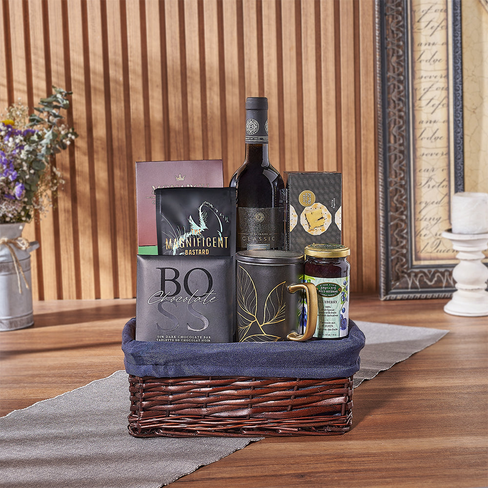 Kosher Hanukkah Wine and Gourmet Basket – how the gift is presented