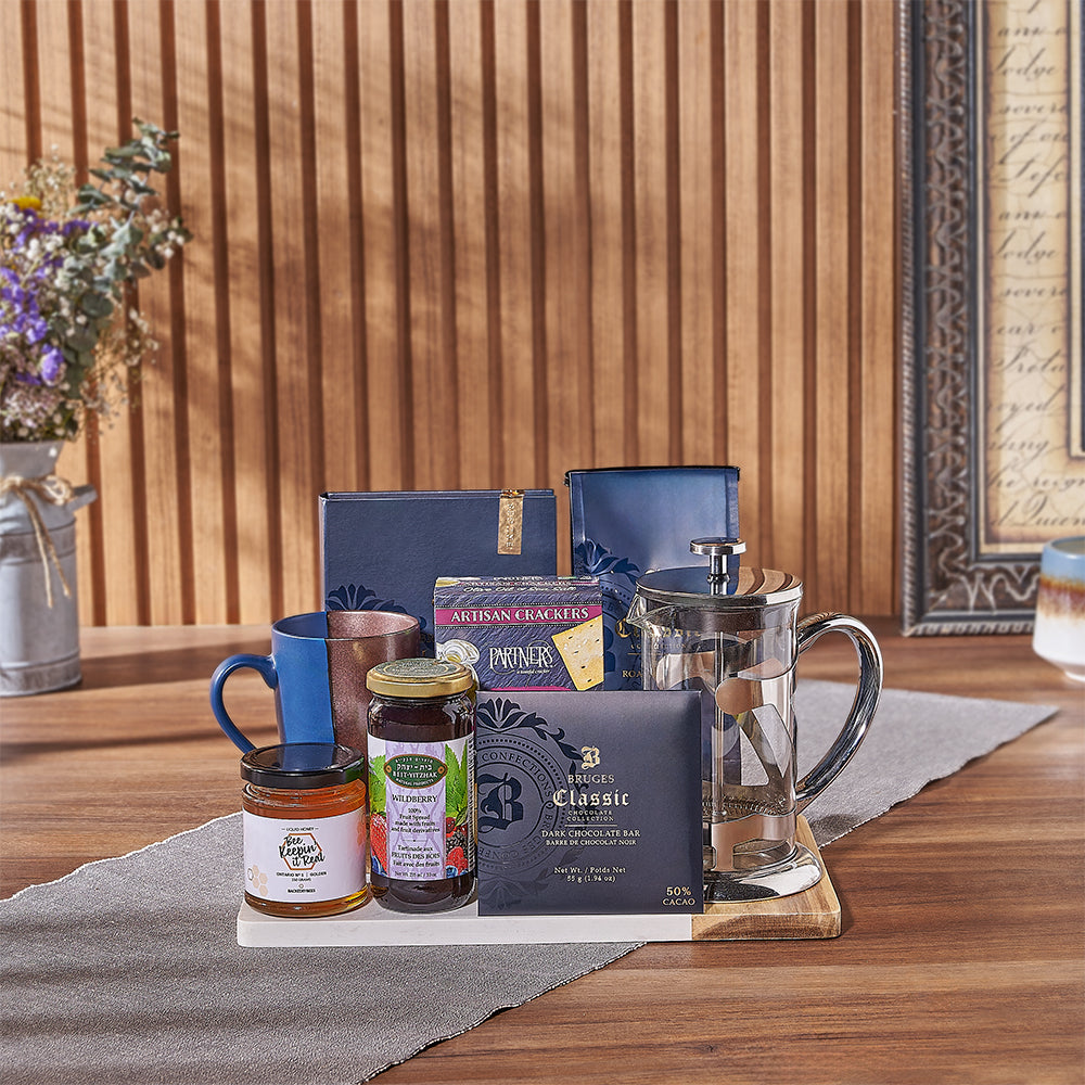 Chocolate and Coffee Press Gift Basket – how the gift is presented