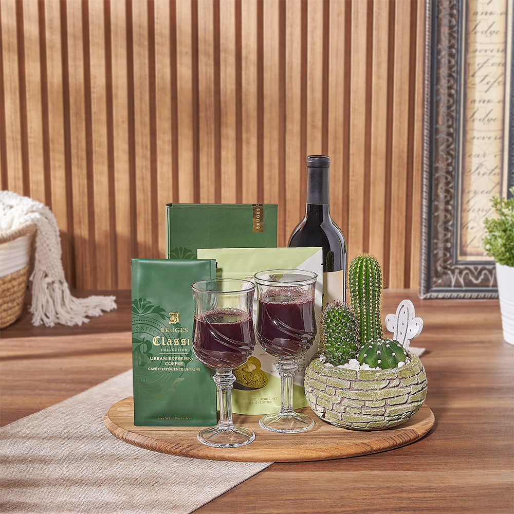 Wine and Cactus Planter Gift Basket – how the gift is presented