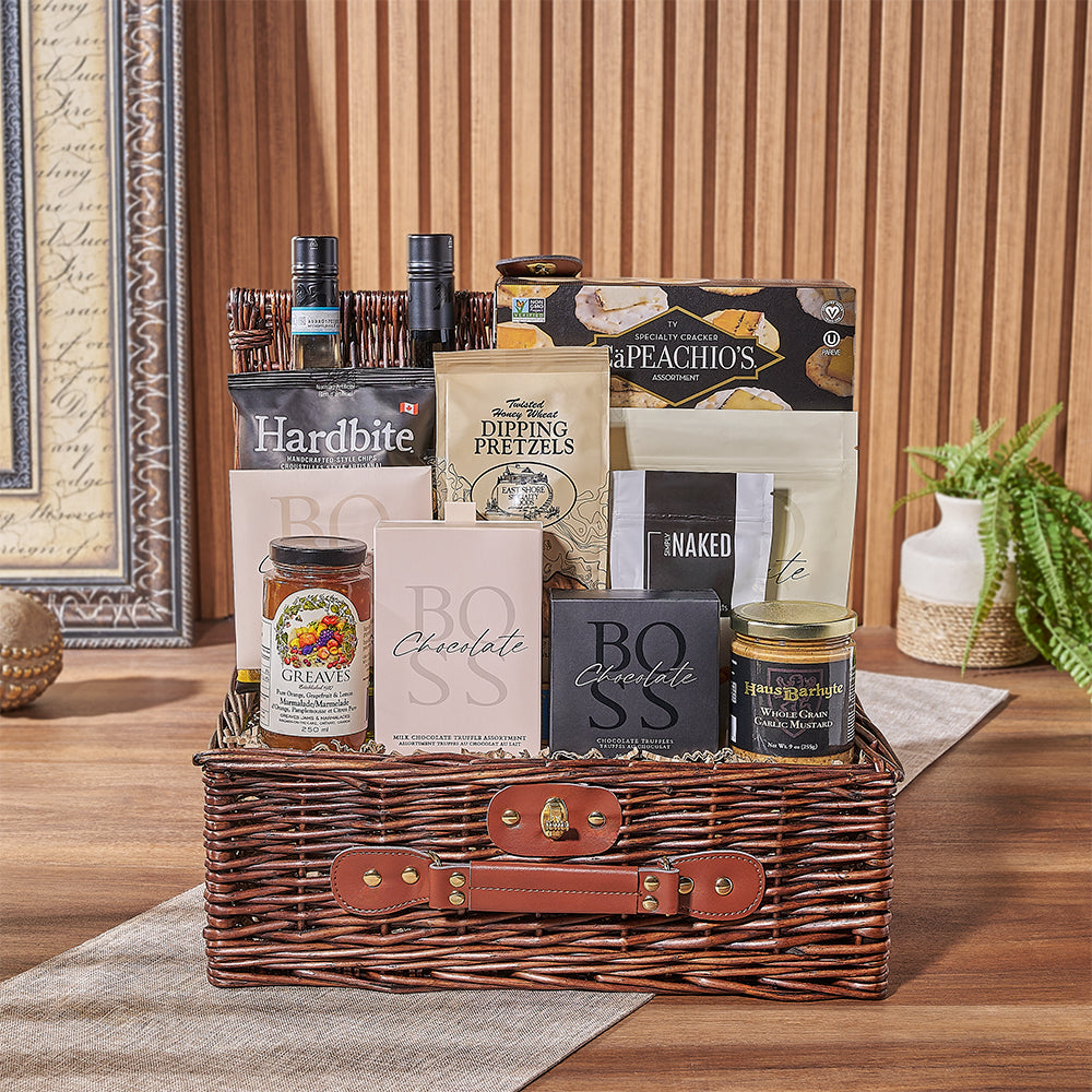 Premium Wine Gift Basket Featuring Cheese Straws, Cookies, and Crackers – how the gift is presented