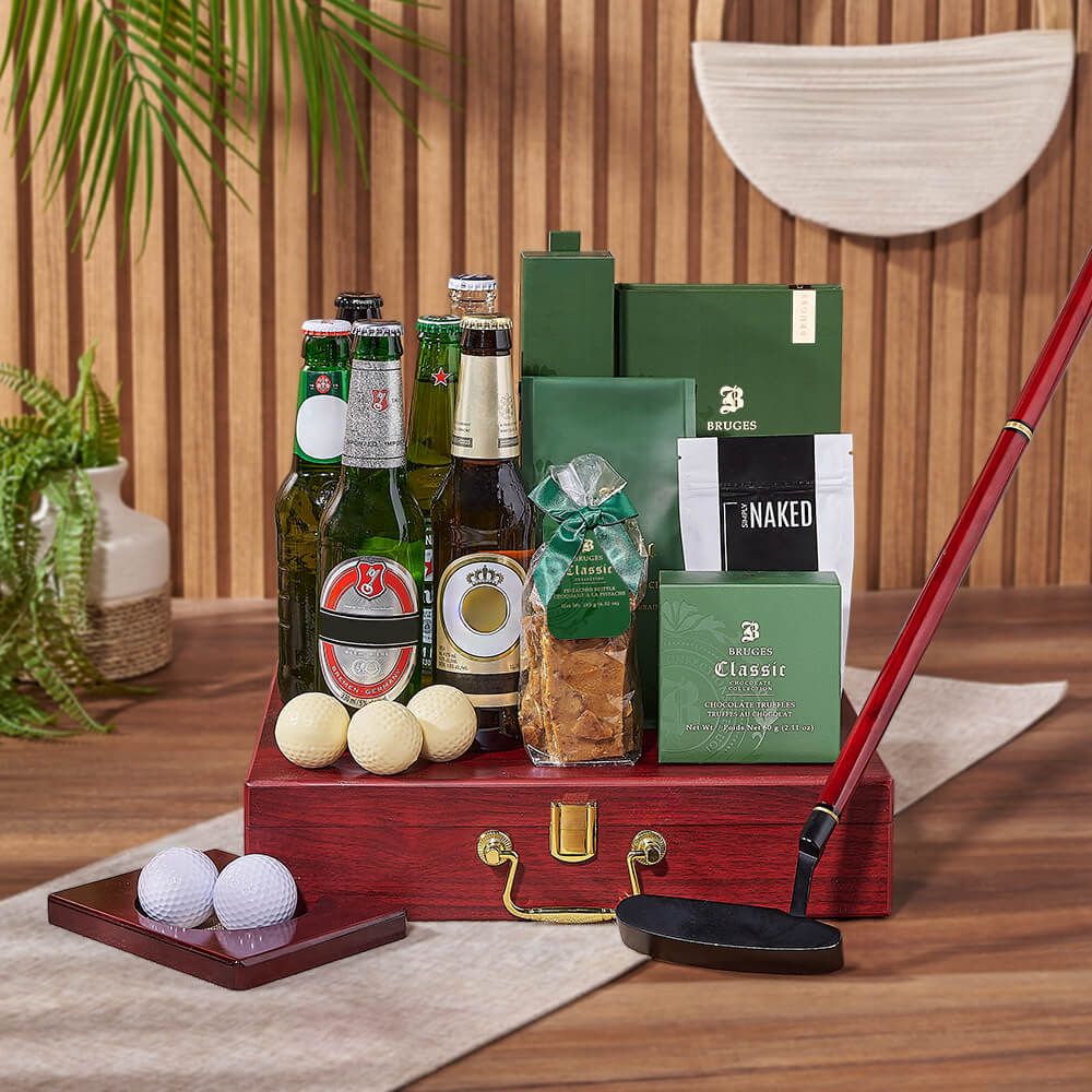 Six-Bottle Beer Basket with Gourmet Chocolate and Golf Set – how the gift is presented
