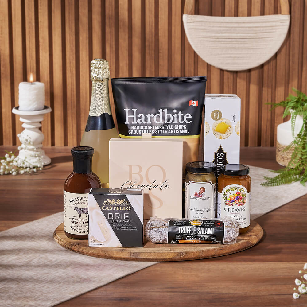 Gourmet Basket with Sparkling Wine and Teak Serving Board Gift – how the gift is presented