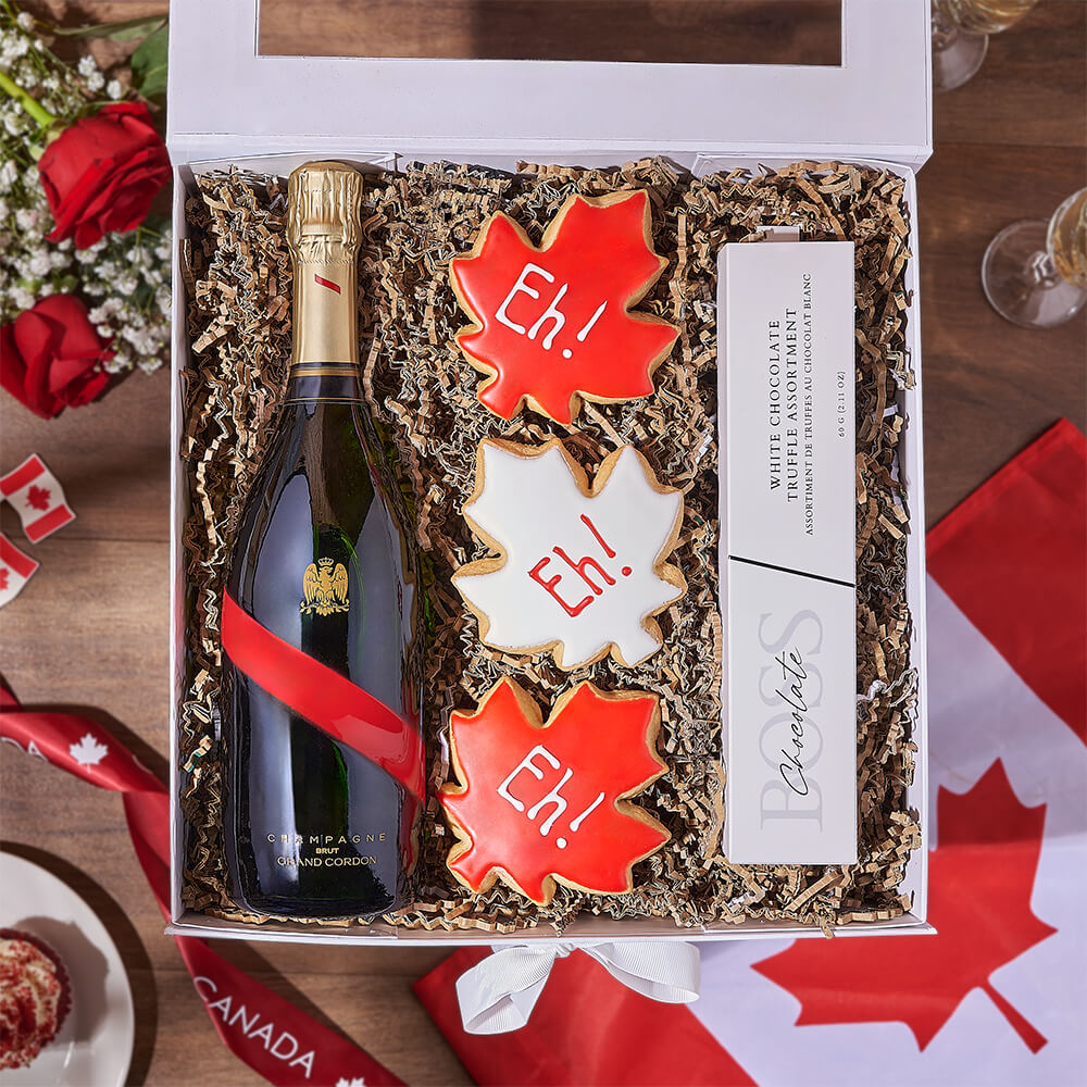 Celebration Sparkling Wine Gift with BOSS Truffles and Canada Day Cookies – how the gift is presented