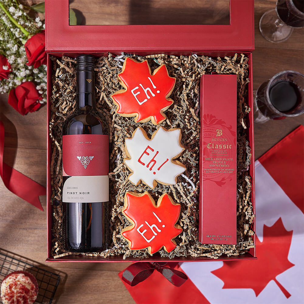 Canada Day Celebration Red Gift Box with Wine and Bruges Chocolates – how the gift is presented