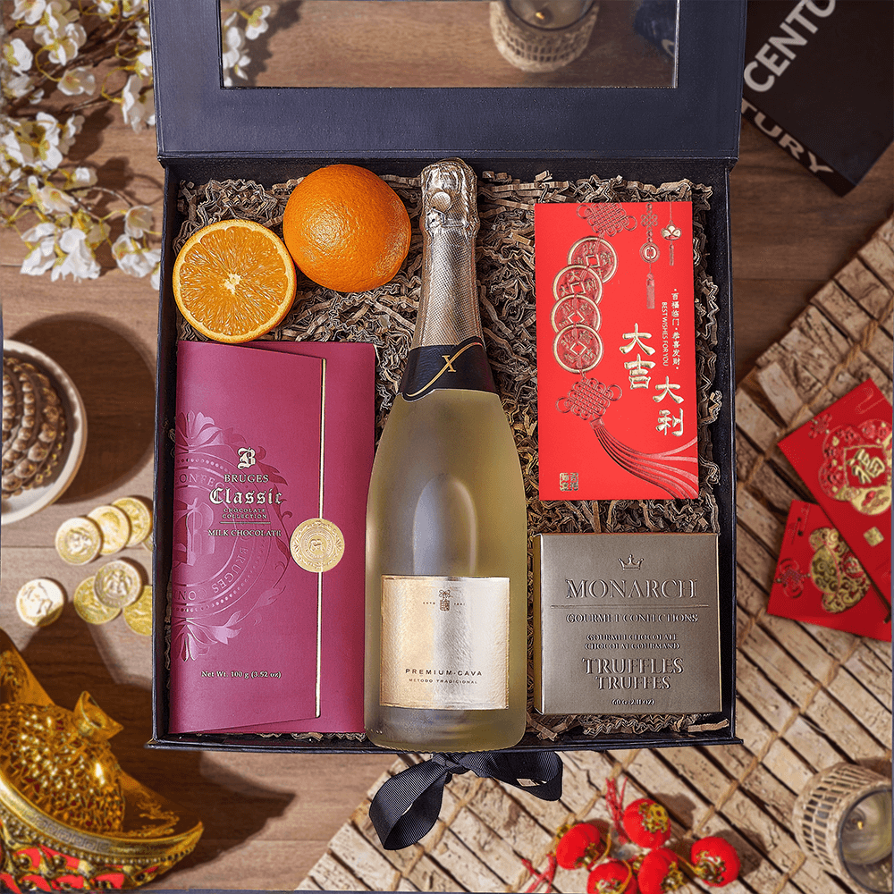 Sparkling Wine and Chocolate Gift in Black Folding Box for Chinese New Year – how the gift is presented