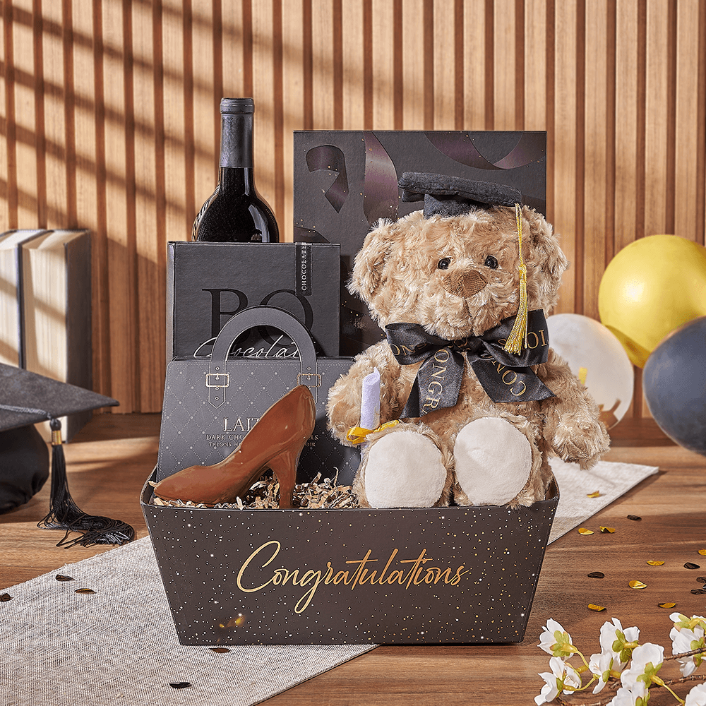 Graduation Bear and Chocolate Gift Basket – how the gift is presented