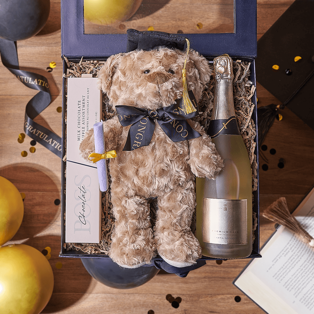 Sparkling Wine and Chocolate Truffle Gift Set with Graduation Teddy Bear – how the gift is presented