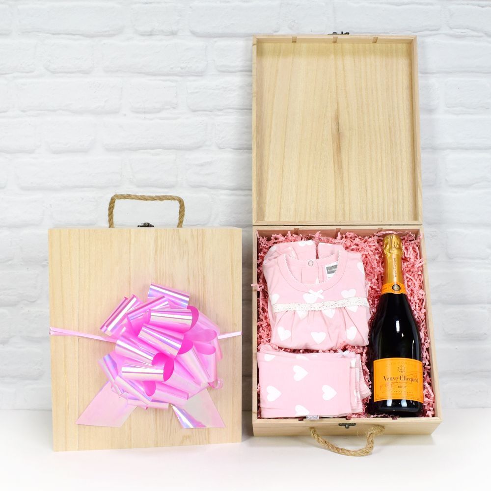 New Baby Girl Champagne Gift Crate with Kushies Pink Outfit – how the gift is presented