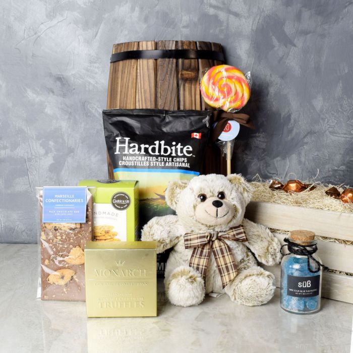 Signature Neatly Packed Gift Crate Featuring Plush Bear and Gourmet Snacks – how the gift is presented
