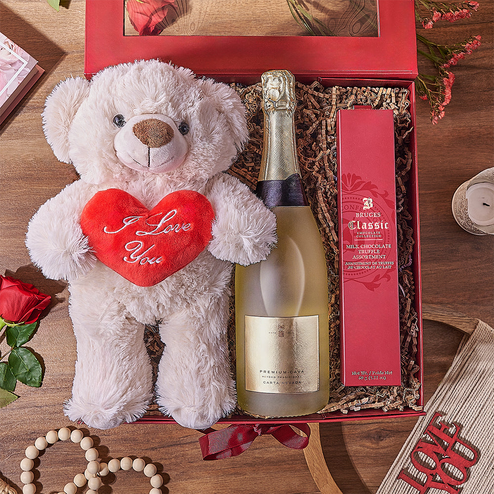 Deluxe Sparkling Wine Valentine's Day Gift with Red Roses and Gourmet Chocolate – how the gift is presented