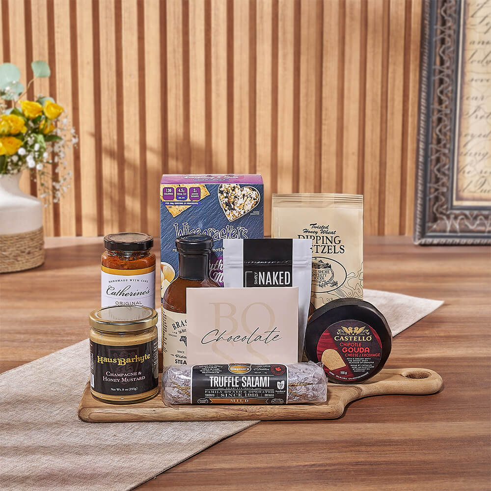 Gourmet Acacia Wood Cutting Board Gift with Snack Selection – how the gift is presented