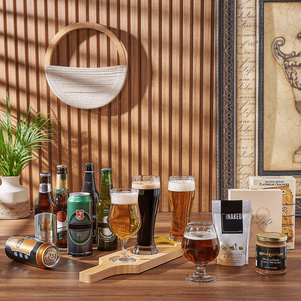 Craft Beer and Gourmet Treats Gift Basket with Flight Board – how the gift is presented