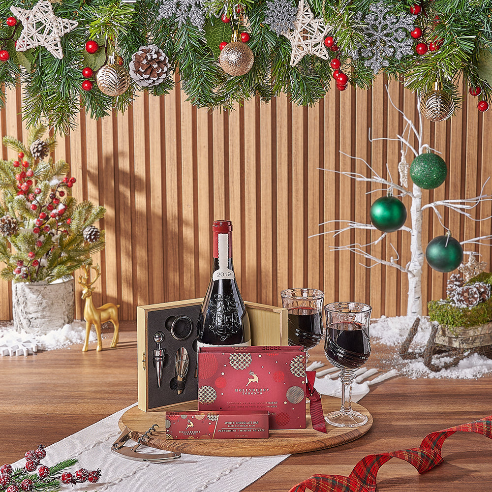 Wine Gift Basket Featuring Hollyberry Chocolates and Corkscrew Set – how the gift is presented