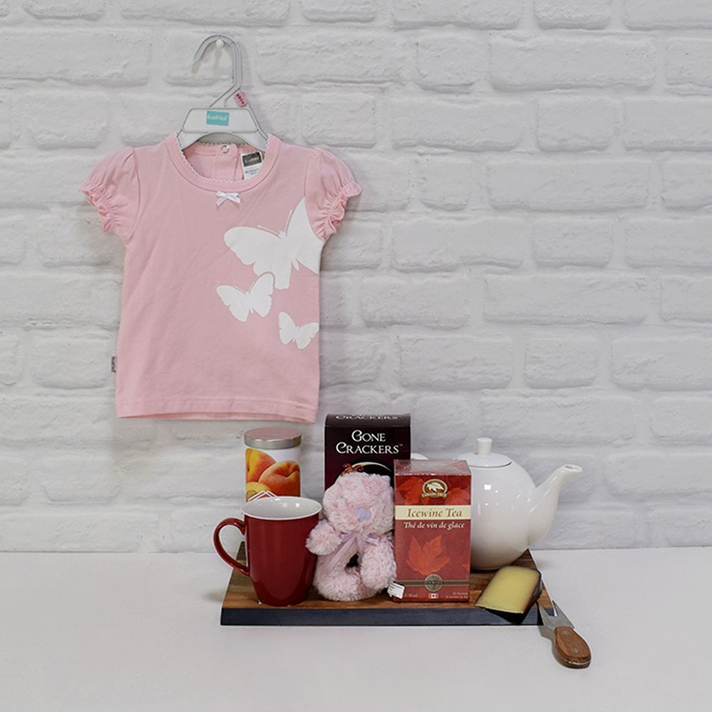 Baby Girl Celebration Gift Set with Plush Rattle and Gourmet Snacks – how the gift is presented