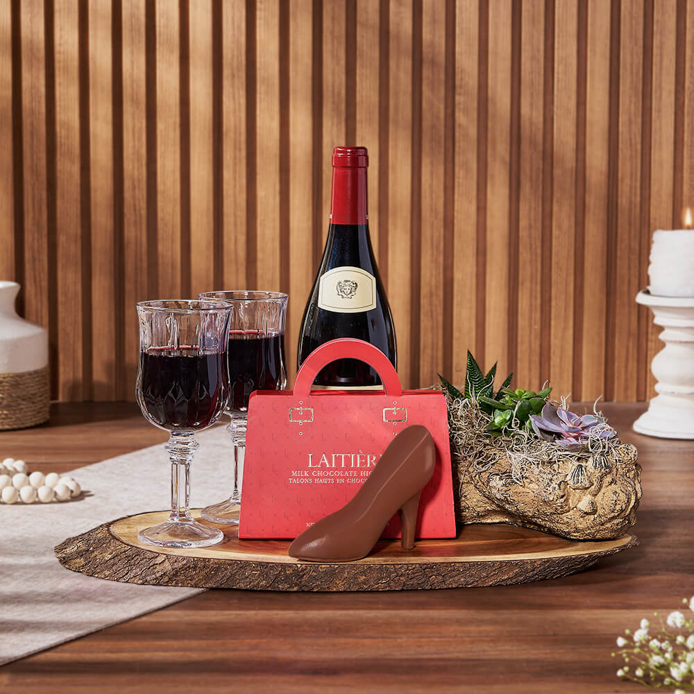 Wine and Gourmet Laitière Milk Chocolate High Heels Gift Basket – how the gift is presented