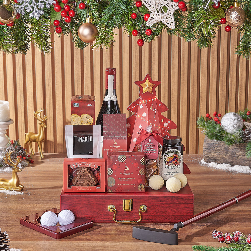 Elegant Wine and Gourmet Snacks Gift Basket with Golf Set – how the gift is presented