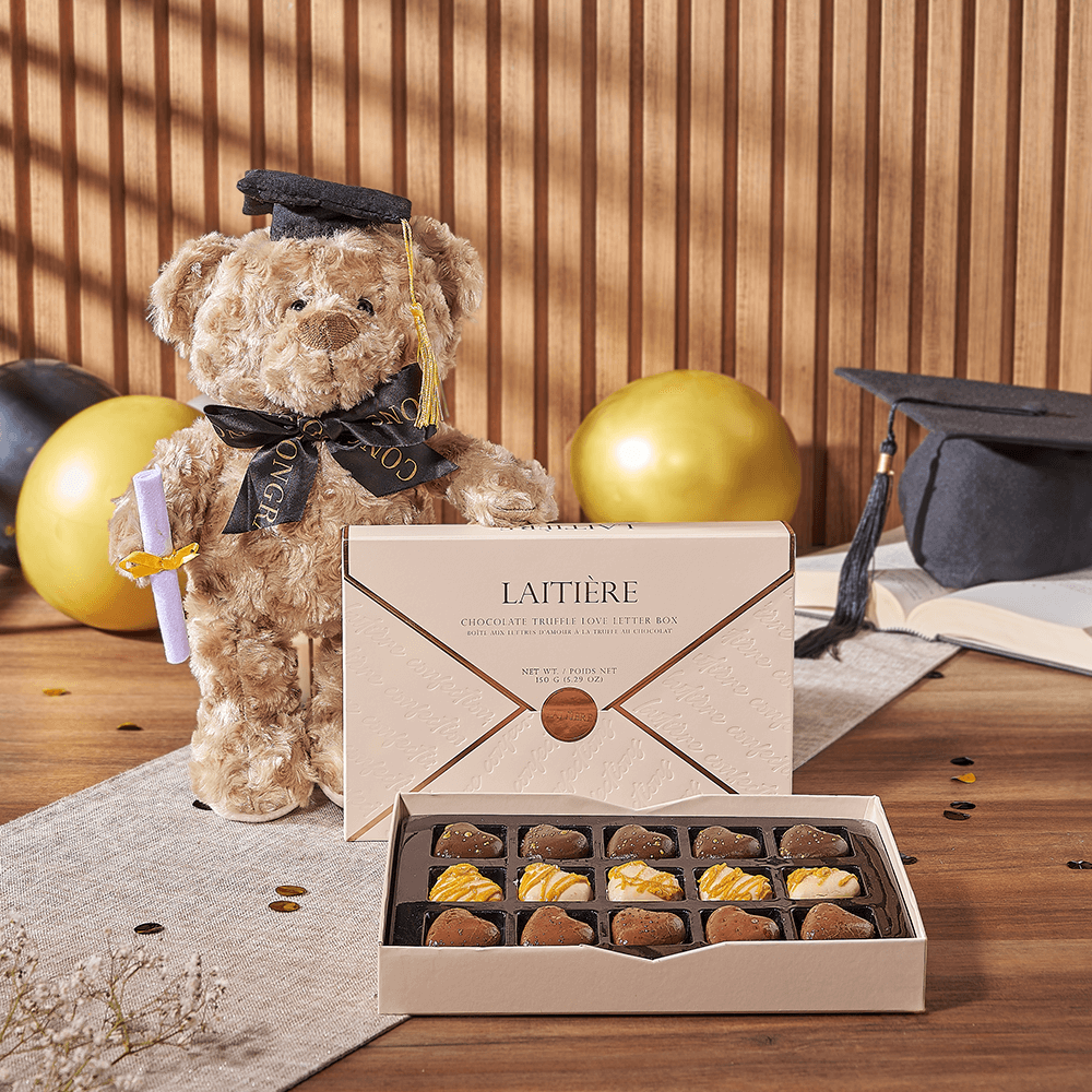 Plush Graduation Teddy Bear with Diploma and Letter Box Chocolates – how the gift is presented
