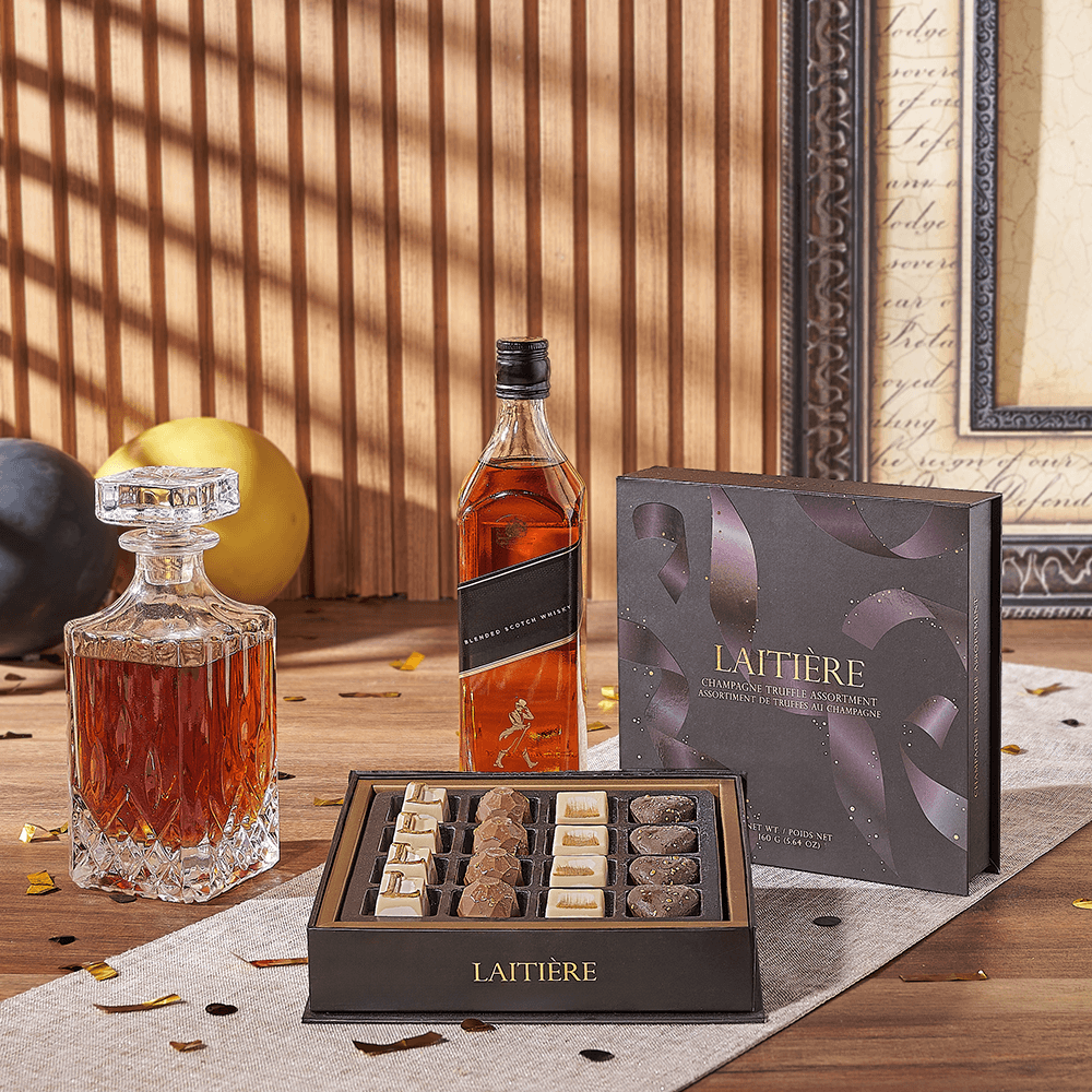 Gibson Decanter and Liquor Gift Basket with Gourmet Truffles for Graduation – how the gift is presented
