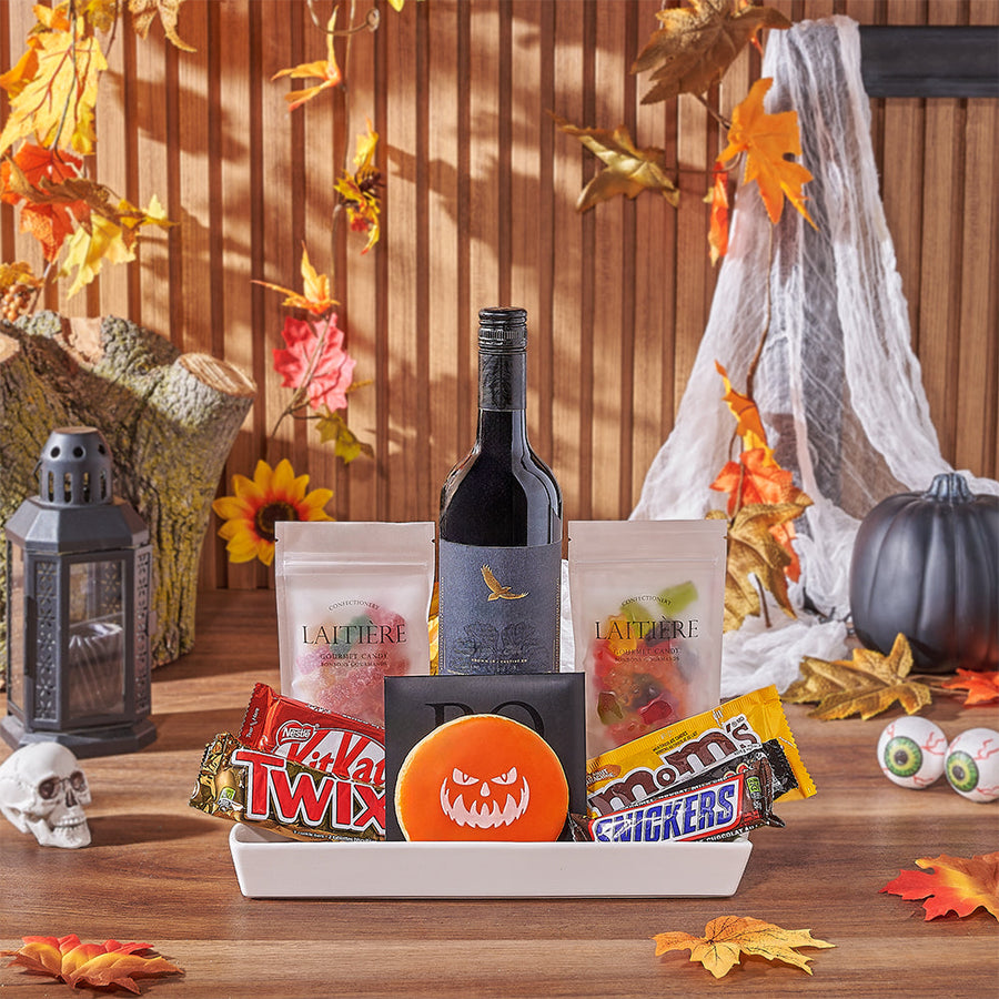 Halloween Wine & Treat Platter, wine gift, wine, chocolate gift, chocolate, halloween gift, halloween, Maine delivery