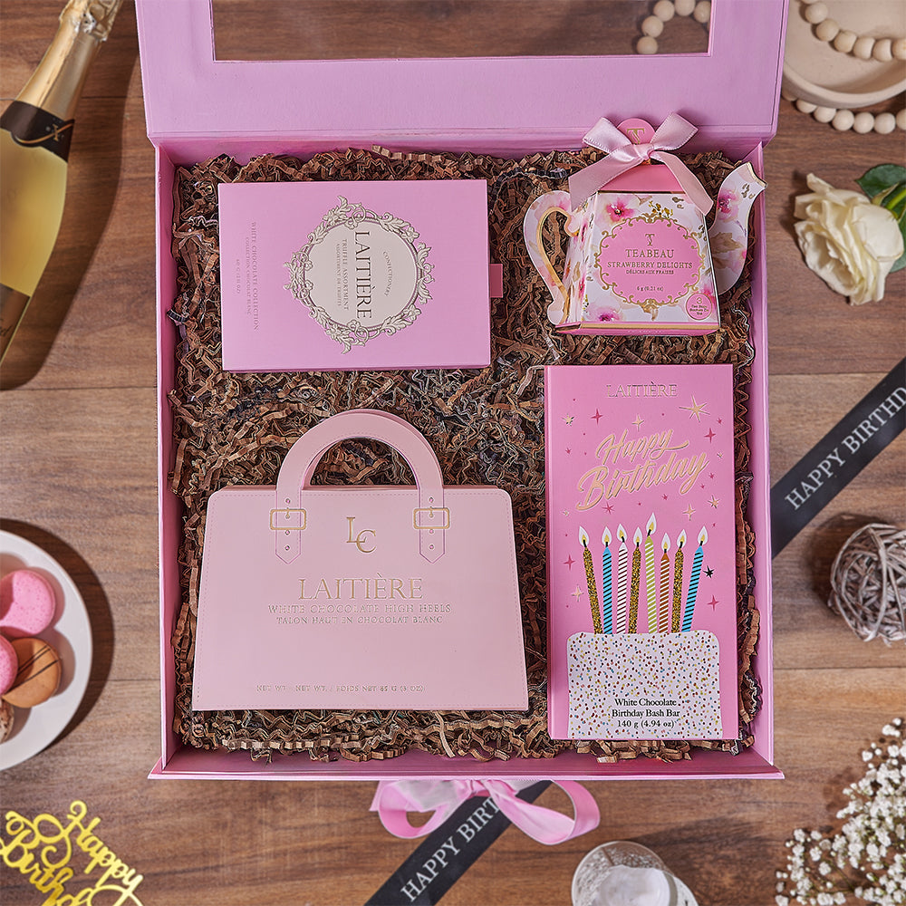 Pink Birthday Chocolate Gift Box with Assorted White Chocolates – how the gift is presented
