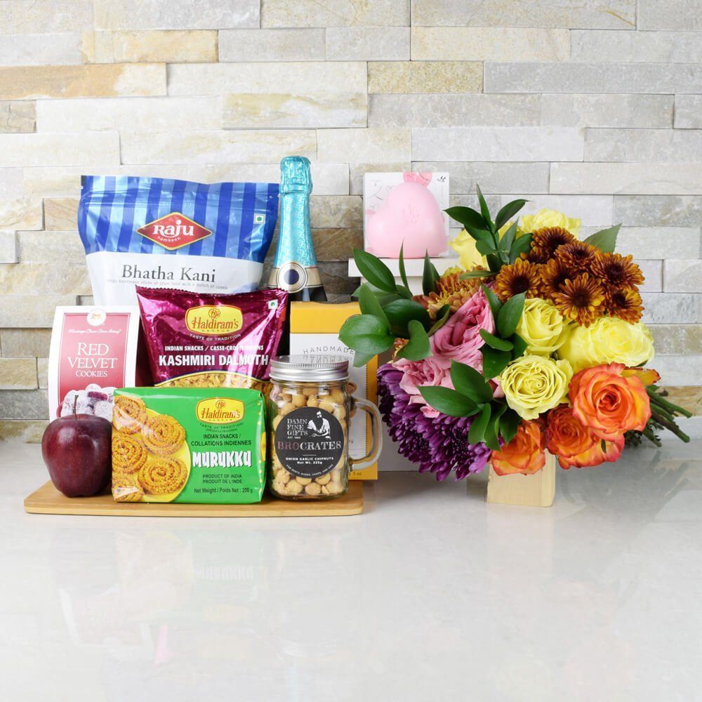 Premium Champagne Gift with Fresh Flowers and Curated Diwali Gourmet Basket – how the gift is presented