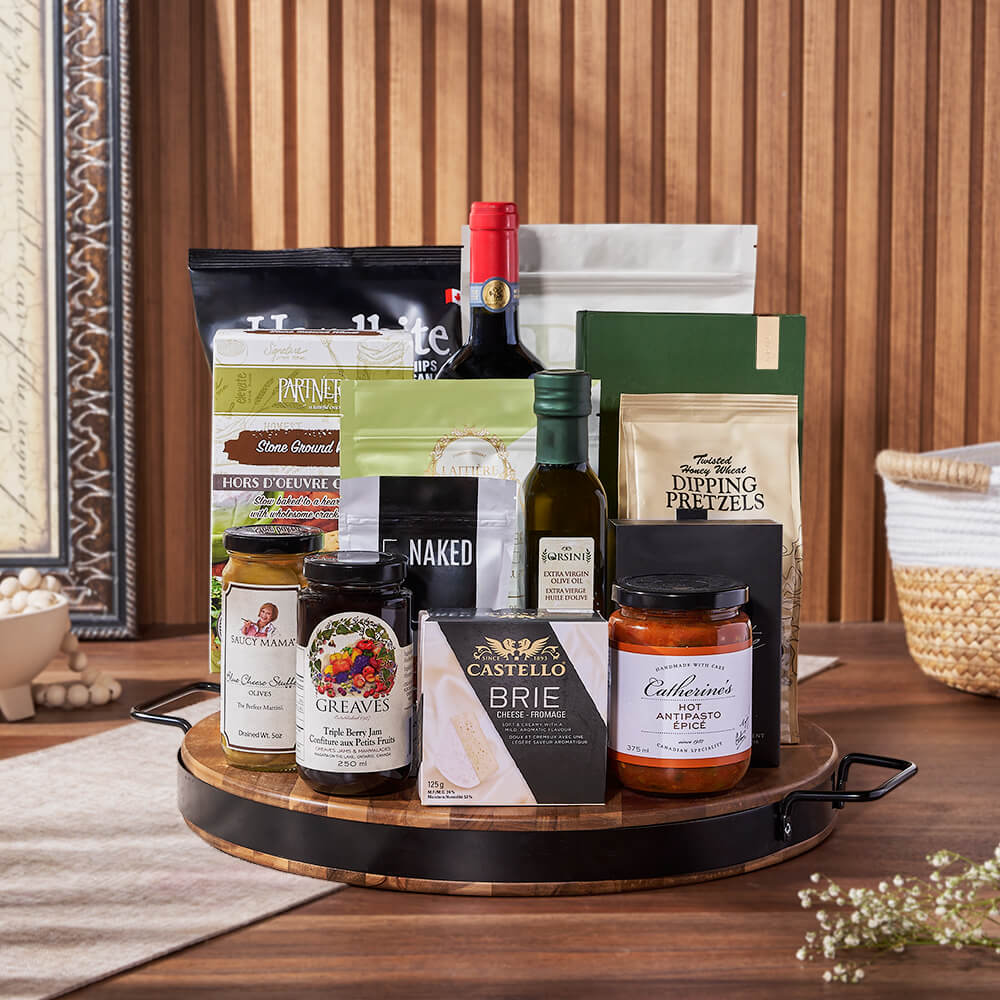 Wine Gift Basket Featuring Castello Brie and Boss Truffles – how the gift is presented