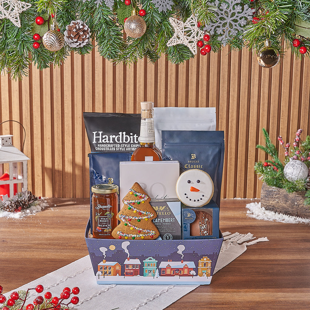 Whiskey and Premium Gourmet Christmas Village Tray – how the gift is presented