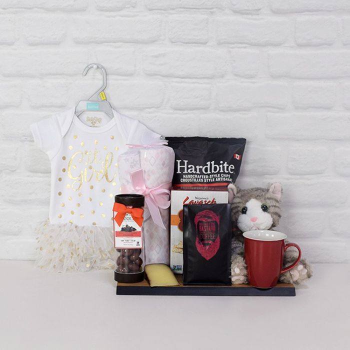 Baby Girl Gift Basket with Flannel Blankets and Coffee Treats – how the gift is presented