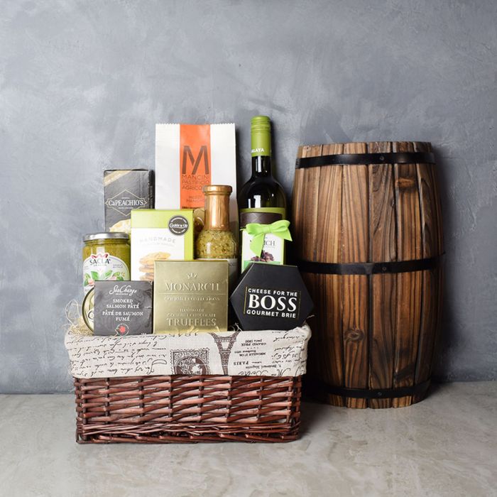 Wine and Artisan Pasta Basket – how the gift is presented
