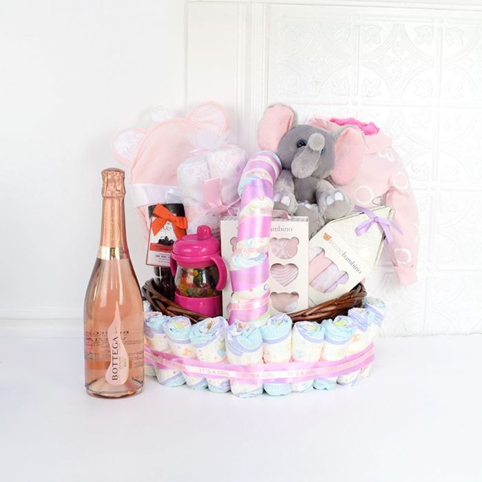 Little One Celebration Champagne Gift Basket in Willow Boat – how the gift is presented