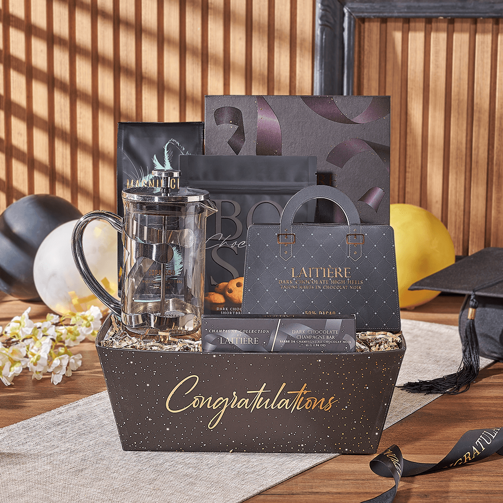 Graduation French Press and Chocolate Tray – how the gift is presented
