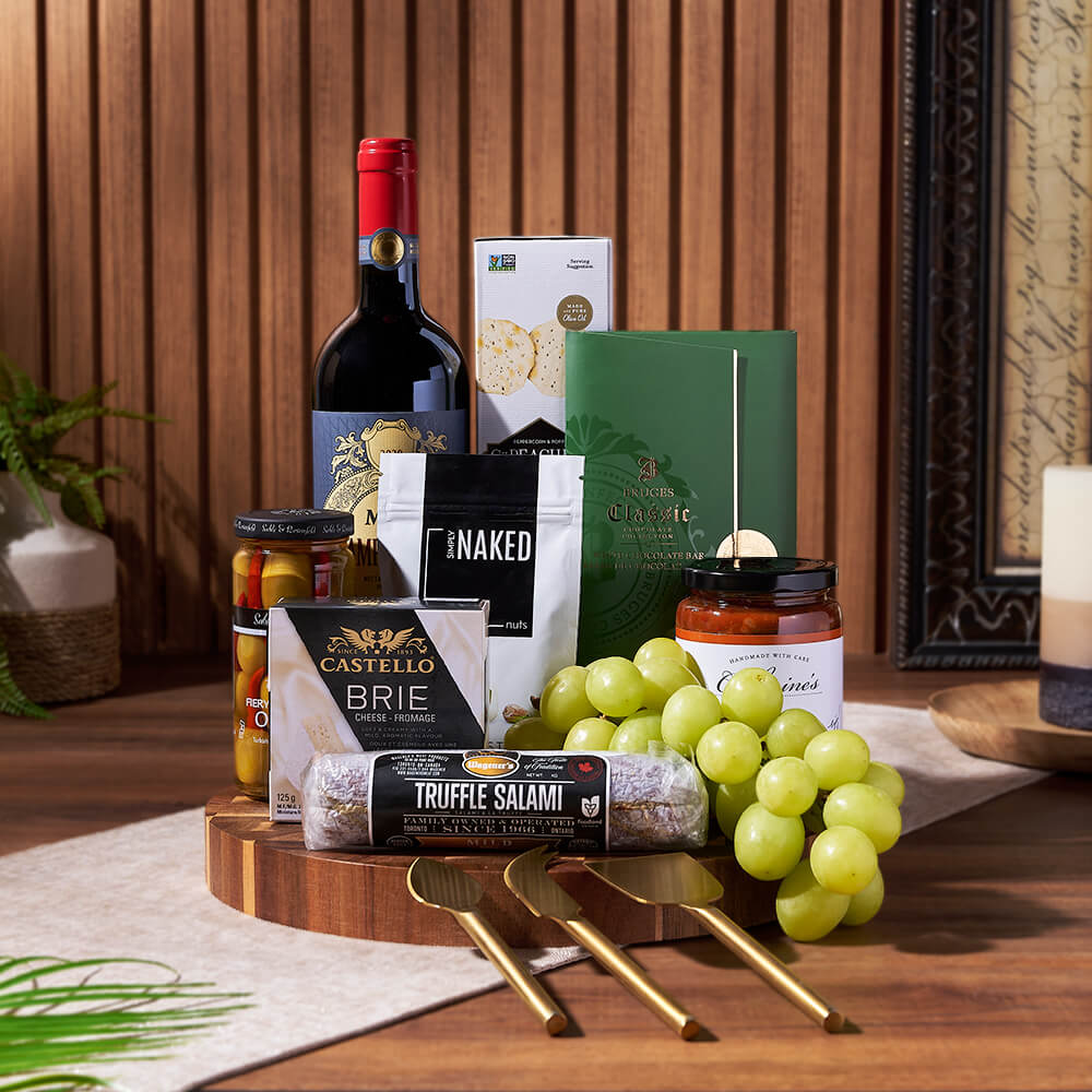 Deluxe Wine Gift Basket Featuring Brie, Salami, and Chocolate – how the gift is presented