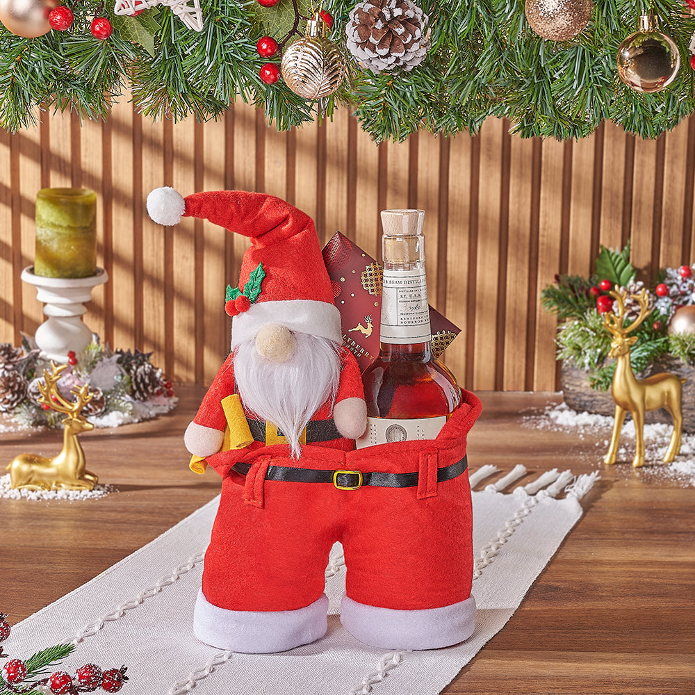 Premium Liquor and Dark Chocolate Gift Basket in Festive Santa Pants – how the gift is presented