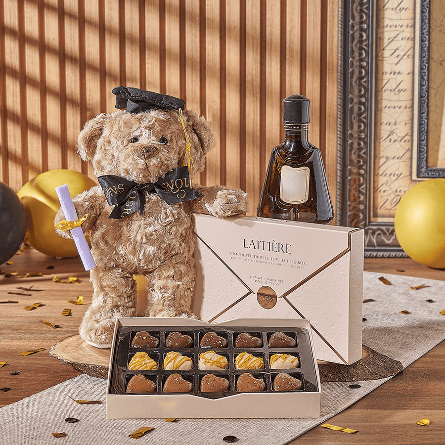 Spirits & Graduate Bear Gift, liquor gift, liquor, chocolate gift, chocolate, plush gift, plush, graduation gift, graduation, Maine delivery