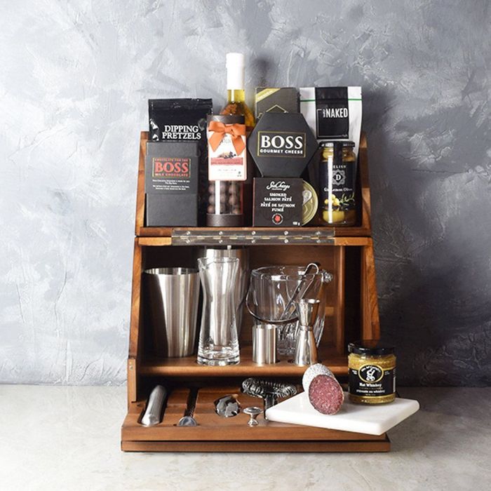 Madison Tabletop Bar with Gourmet Snacks Gift Basket – how the gift is presented