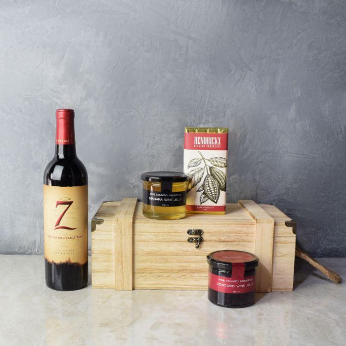 Rustic Wooden Wine Box with Belgian Dark Chocolate and Wine Jellies Gift Basket – how the gift is presented