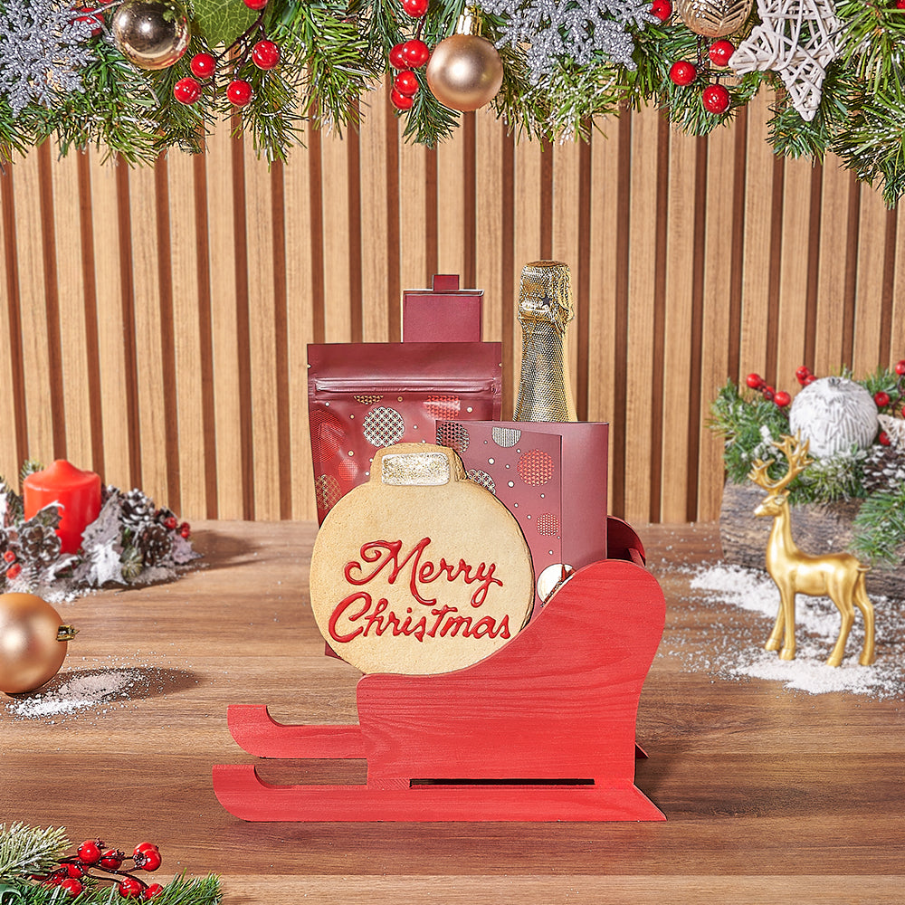Holiday Sparkling Wine Gift Set in Red Wooden Sled with Chocolate and Truffles – how the gift is presented