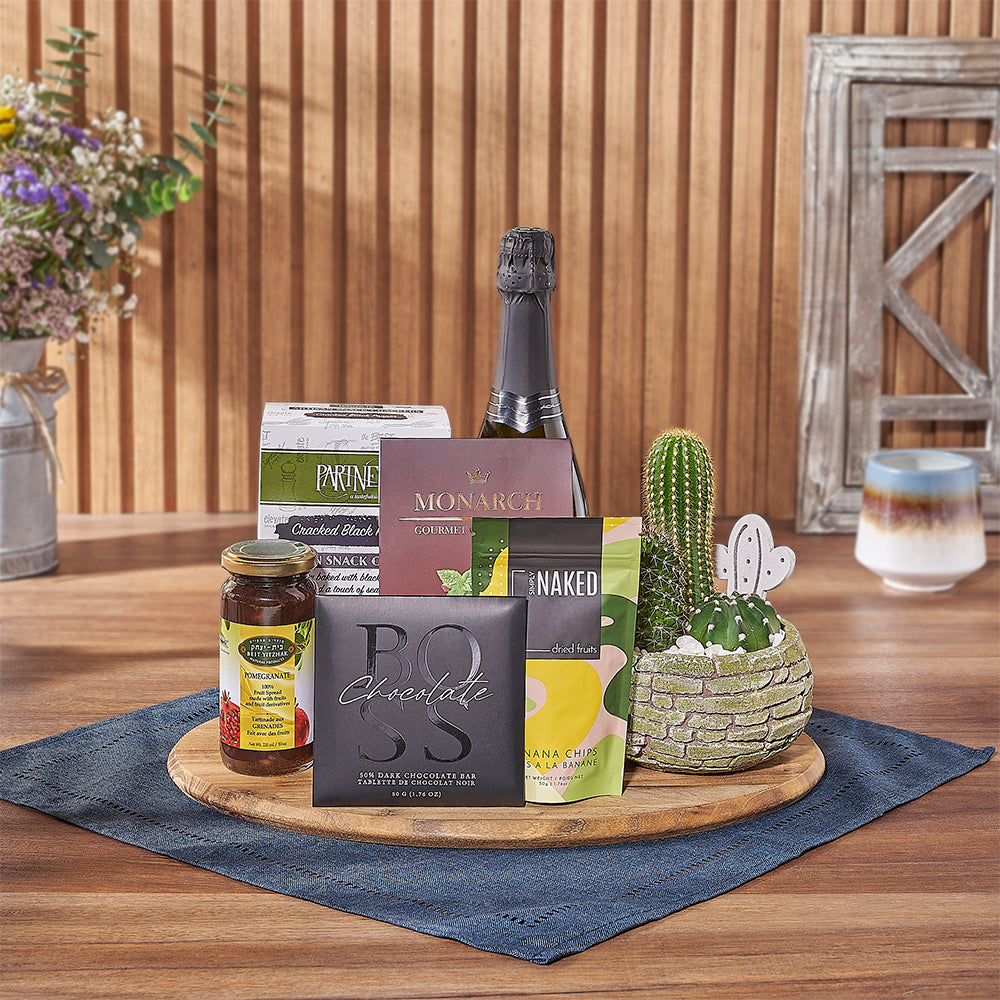 Kosher Celebration &amp; Cacti Gift from Maine Baskets - Champagne Gift Basket - Maine Delivery