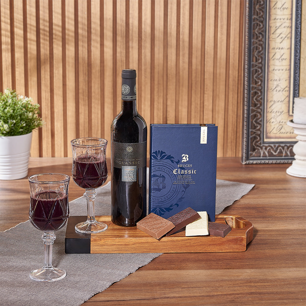 Kosher Wine with Artisan Chocolates and Serving Board Gift Basket – how the gift is presented