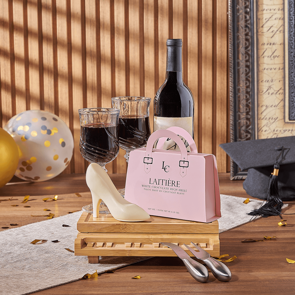 Deluxe Wine Gift Basket with Bamboo Grand Piano Cheese Board & Tools – how the gift is presented