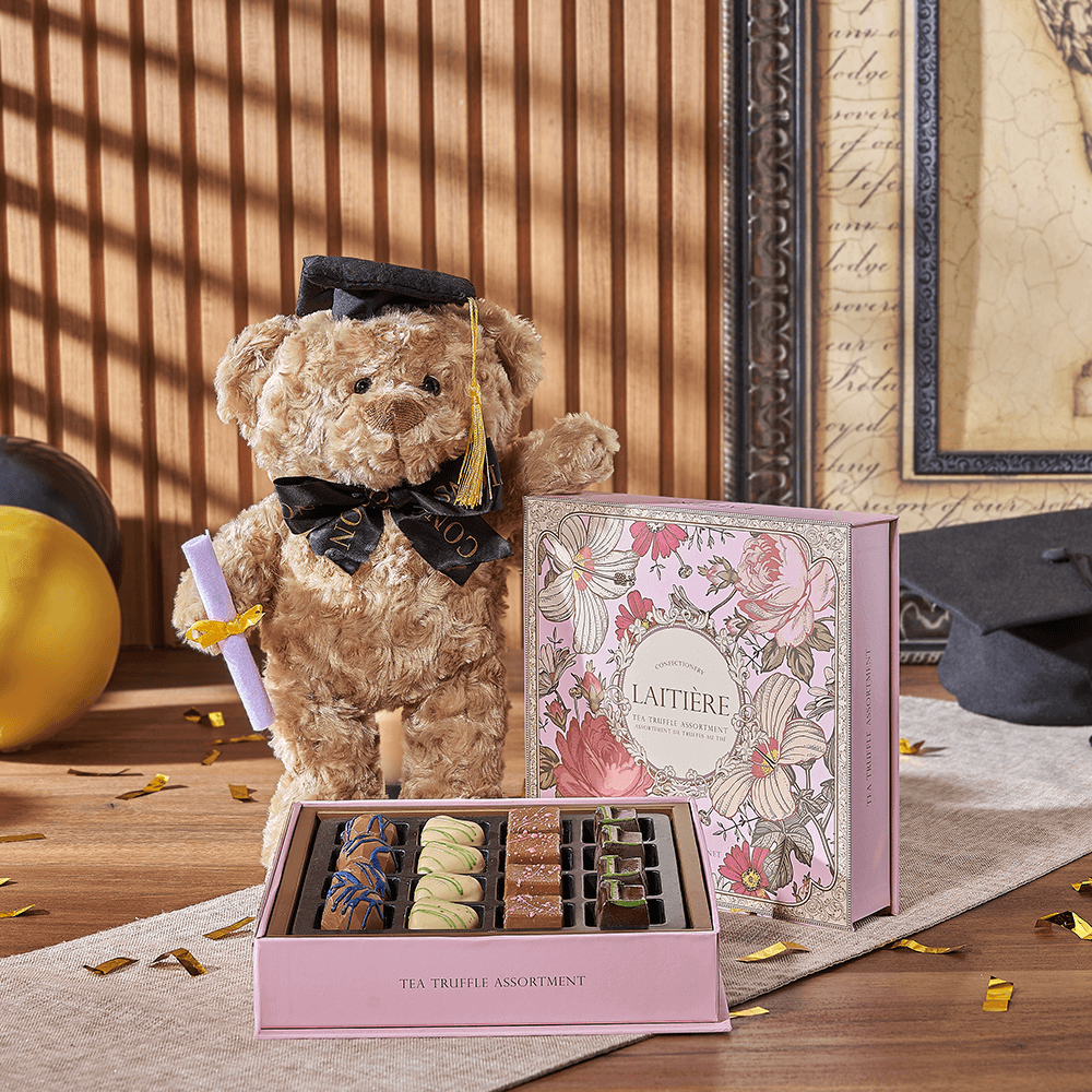 Indulgent Graduation Gift Set, graduation gift, graduation, chocolate gift, chocolate, plush gift, plush, Maine delivery