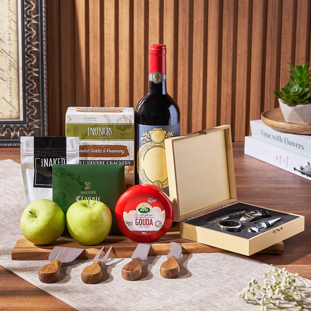 Apple, Cheese, &amp; Wine Gift Basket, wine gift, wine, cheese gift, cheese, fruit gift, fruit, Maine Delivery