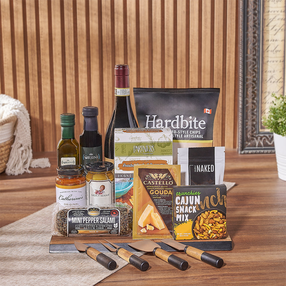 Authentic Delicatessen Gift Basket, wine gift, wine, vinegar, oil, chips, crackers, cheese, antipasto, olives, nuts, snack mix, salami, cheese tools, board, Maine Delivery