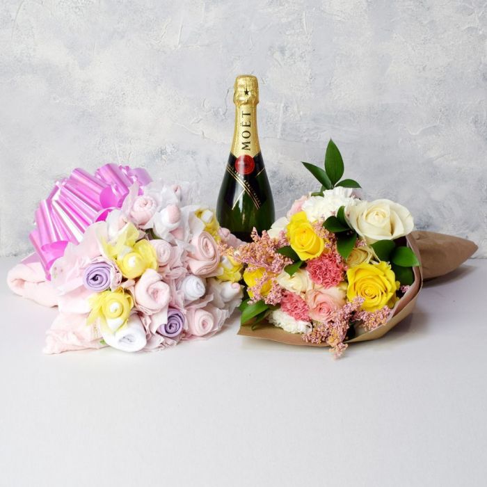 Champagne Gift Basket Featuring Baby-Themed Pink Rose Bouquet – how the gift is presented