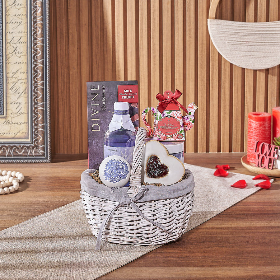 Beaconsfield Valentine’s Day Gift Basket, chocolate gift, chocolate, spa gift, spa, tea gift, tea, Maine Delivery