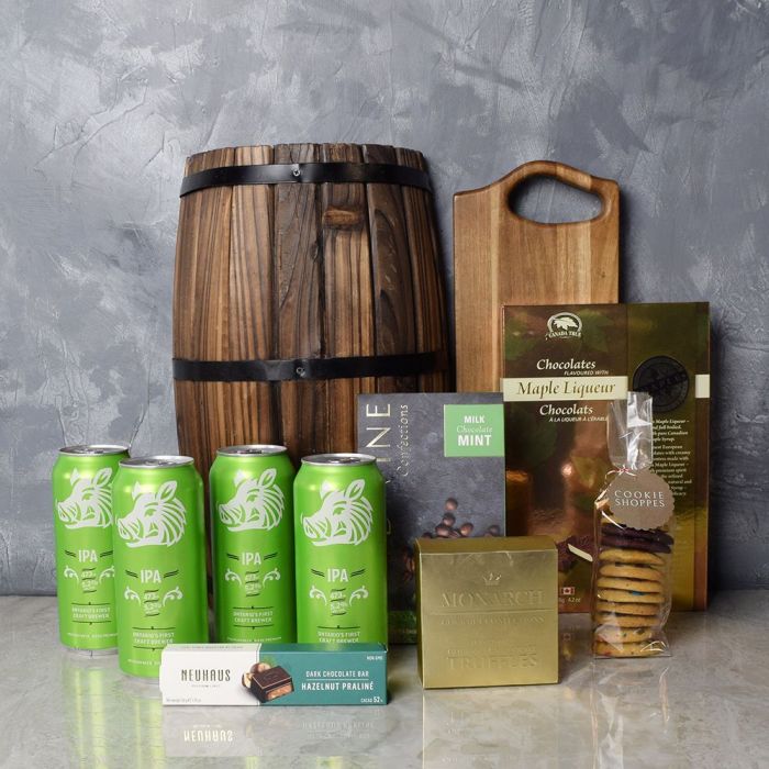 St. Patrick's Day Craft Beer Basket with Chocolates and Acacia Cutting Board – how the gift is presented