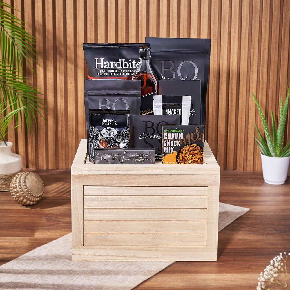Carleton Liquor &amp; Snack Crate from Maine Baskets - Liquor Gift Set - Maine Delivery