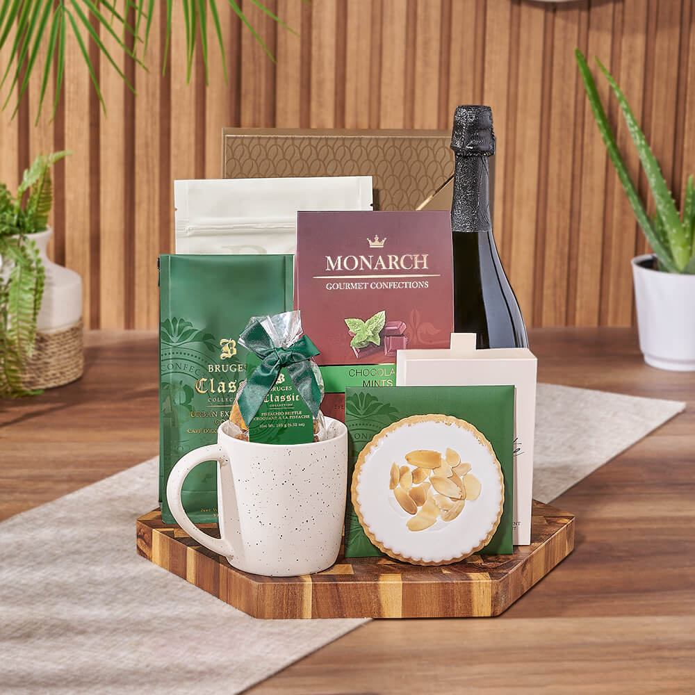 Champagne &amp; Coffee Snack Board, champagne gift, champagne, sparkling wine gift, sparkling wine, chocolate gift, chocolate, Maine delivery