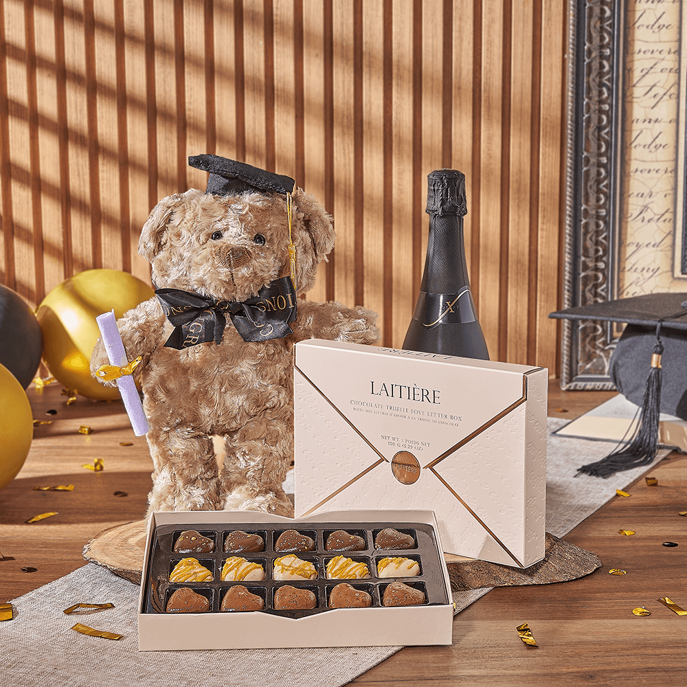 Champagne & Graduate Bear, champagne gift, champagne, sparkling wine gift, sparkling wine, graduation gift, graduation, chocolate gift, chocolate, Maine delivery